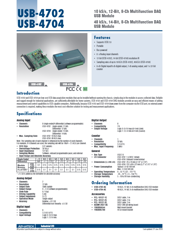 カタログ（USB I/Oモジュール 10 kS/s, 12-bit, 8チャンネルマルチファンクション USB-4702）