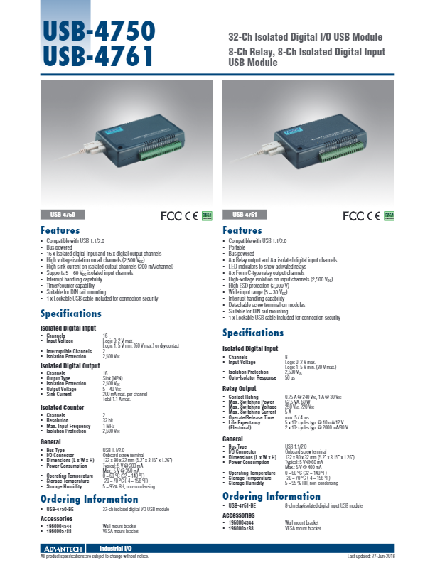カタログ（USB I/Oモジュール　8ch リレー/デジタル入力　USB-4761）