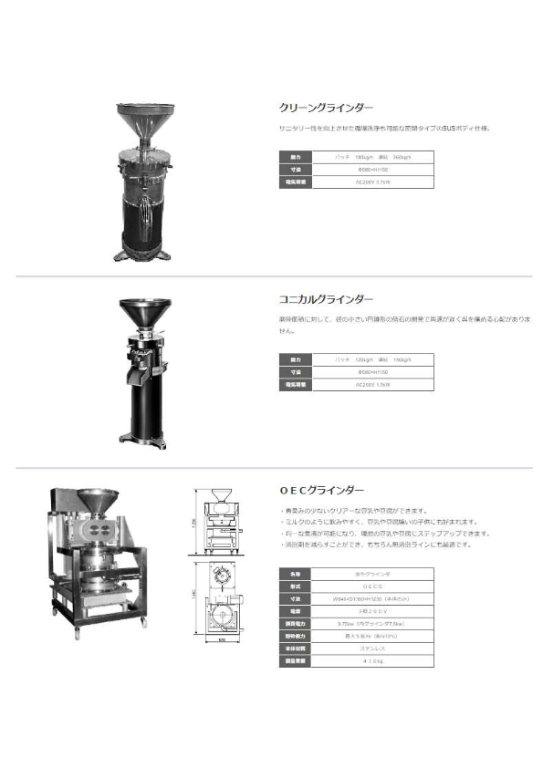 クリーングラインダー、コニカルグラインダー、ＯＥＣグラインダー