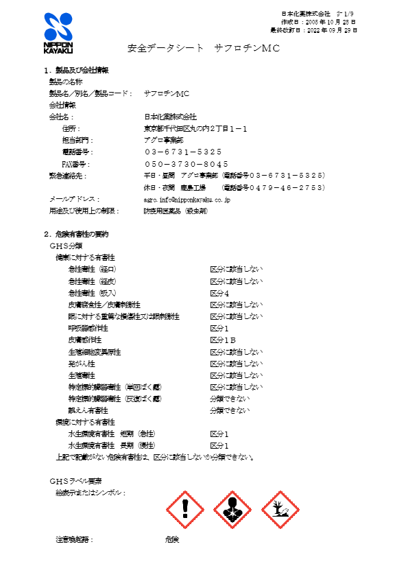 安全データシート（防疫用殺虫剤　サフロチンMC）
